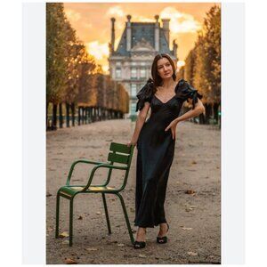 Selkie The Raven Poet Dress Womens XS Black Slip Puff Sleeve Maxi SKSCH1267